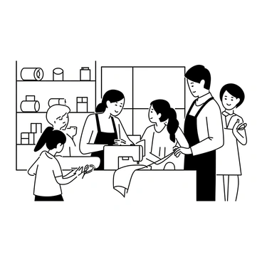 A family is gathered in a tidy tailor shop, surrounded by spools of thread and rolls of fabric. The mother, wearing an apron, is skillfully sewing at a sewing machine, focused on her work. The father is standing beside her, holding a measuring tape and looking at a piece of fabric spread across a table. Two children are nearby; one is holding a pair of scissors, while the other is watching intently, looking at the fabric. The shop is organized, with shelves filled with various sewing supplies and a large window letting in light.