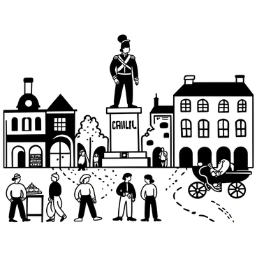 A grand statue of "Napoleon" standing tall in the center of a bustling town square, surrounded by people in period attire engaged in conversation. The statue is adorned with intricate details, showcasing military regalia. Cobblestone pathways lead up to the statue, while market stalls with various goods line the edges of the square. In the background, there are historical buildings with large windows and ornate facades. A horse-drawn carriage passes by, adding to the lively atmosphere of the scene.