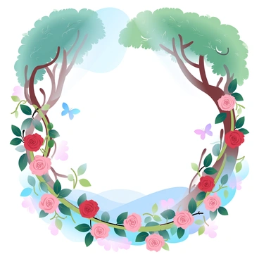 A storybook cover displays an "enchanted rose vine" winding gracefully through a "fairytale forest." The vine is adorned with vibrant, blooming roses in various shades of red and pink. The forest is filled with tall, ancient trees with lush green foliage that creates a canopy overhead. Sunlight streams through the leaves, casting a gentle glow on the scene. Delicate butterflies flutter around the roses, adding an element of whimsy. In the background, hints of colorful flowers and soft, rolling hills can be seen, enhancing the magical atmosphere of the forest.