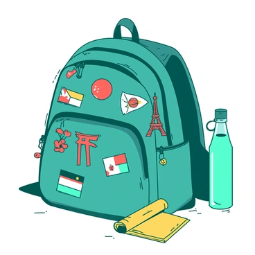 A teal traveler's backpack is prominently displayed, adorned with various colorful patches showcasing the flags and symbols of different countries. There are small souvenirs attached to the zippers, such as an orange miniature Eiffel Tower and a red keychain shaped like a traditional Japanese torii gate. The backpack is slightly open, revealing glimpses of travel essentials like a rolled-up yellow map and a teal water bottle. The background features a wooden table, emphasizing the travel theme and adventure spirit.