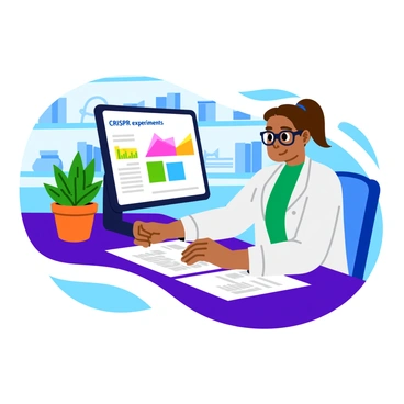 A researcher sitting at a modern desk, focused on analyzing data on a computer screen. The screen displays colorful graphs and charts related to "CRISPR experiments." The researcher is a middle-aged woman with glasses, wearing a white lab coat, and surrounded by notebooks and scientific papers. A potted plant is positioned on the corner of the desk, adding a touch of greenery to the workspace. The room is well-lit, with shelves filled with laboratory equipment and books in the background.