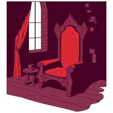 A red grand ornate throne with intricate carvings and velvet upholstery is positioned in a shadowy castle chamber. The throne features high, winged sides and an elaborate backrest adorned with gothic motifs. Dim light filters through a tall, narrow window, casting elongated shadows on the stone walls. To the side of the throne, there is a small table with a black goblet resting on it. The floor is made of dark, polished wood, and rich, heavy drapes in a contrasting color hang from the windows, adding to the chamber's mysterious atmosphere.