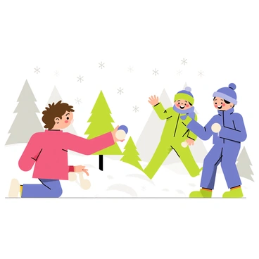 A winter wonderland scene featuring several children engaged in a snowball fight. One child has brown hair and is wearing a bright red coat, crouched down while forming a snowball. Another child, wearing a blue scarf and a green beanie, is laughing as they throw a snowball at a third child, who is wearing a purple snowsuit and is caught in mid-laugh. The ground is covered in a thick layer of white snow, and snow-laden evergreen trees are visible in the background. Flakes of snow are gently falling from the sky, adding to the magical winter atmosphere.
