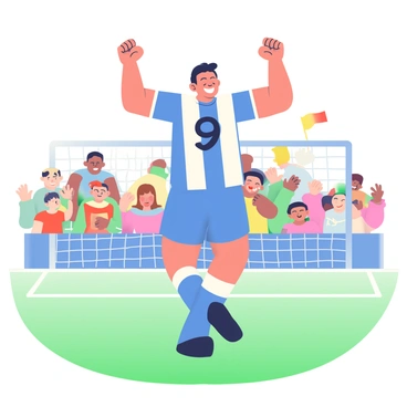 Mauro Icardi is in the center of a football field, mid-celebration after scoring a goal. He has short black hair and is wearing a blue and white football jersey with the number '9' on the back, paired with matching shorts and socks. His arms are raised high, and he is executing his iconic dance move, showcasing a broad smile on his face. In the background, there are cheering fans wearing various team colors, with some waving flags. The grass of the pitch is a vibrant green, and there are goalposts behind him, adding to the atmosphere of the celebration.