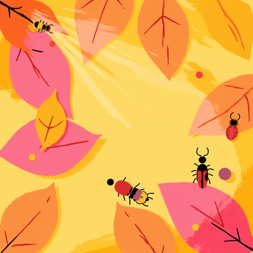 A vibrant scene depicting "autumn leaves" in various shades of orange, red, and yellow scattered across the "forest floor." The leaves show signs of decay, with some having curled edges and brown spots. Various "insects" are actively crawling among the leaves, including small "ants," "ladybugs" with red shells, and "beetles" with shiny exoskeletons. Sunlight filters through the "trees," casting dappled light on the ground, enhancing the rich colors of the leaves and the textures of the insects.