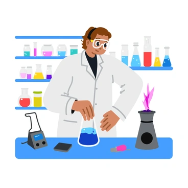 A scientist wearing a white lab coat and safety goggles is standing at a lab table. The scientist has short, brown hair and is leaning forward, closely observing a vivid chemical reaction taking place in a glass test tube. The test tube is filled with bright blue liquid that is bubbling and producing colorful sparks. Surrounding the scientist are various lab instruments, including a Bunsen burner with a small flame, a digital scale, and several other test tubes filled with different colored liquids. The background features shelves lined with jars of chemicals and scientific equipment.