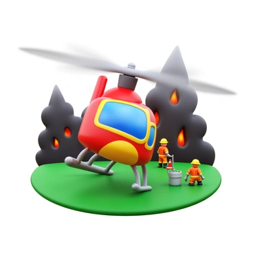 A helicopter with a bright red and yellow color scheme is landing in a green field. The rotor blades are spinning rapidly, creating a blur. The helicopter's landing skids touch down on the grass, which is surrounded by a smoky haze from the nearby wildfire. In the background, flames can be seen flickering among the trees, with thick, dark smoke rising into the sky. Firefighters in orange gear are visible nearby, preparing hoses and equipment, while the helicopter's fuel tank is being readied for refueling.