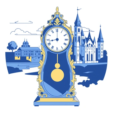 An ornate clock with intricate gold embellishments is striking midnight, with its pendulum swinging gracefully. The clock's face is adorned with delicate Roman numerals, and the clock hands are positioned at twelve o'clock. In the background, a majestic palace stands tall, featuring grand towers, large windows, and elaborate architectural details. The palace is illuminated softly, casting gentle shadows on the surrounding landscape, enhancing the overall atmosphere of the scene.