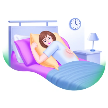 A modern pastel illustration of a person lying in bed, adjusting their position to relieve elbow pain. The individual has short brown hair and is wearing a light blue pajama set. Pillows are placed around them to provide support. One arm is extended under their head while the other is bent at the elbow, displaying a look of concentration. The bed is covered with a soft, patterned blanket, and a bedside table with a lamp is visible in the background. A clock on the wall indicates late evening.
