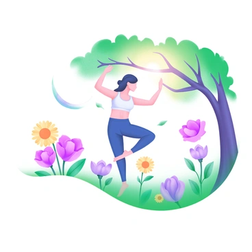 A modern pastel illustration depicting a person practicing a yoga pose in a garden. The person is wearing comfortable athletic clothing and is positioned in a tree pose, balancing on one leg. Surrounding them are various flowers in soft pastels, including pink roses, yellow daisies, and lavender blooms. A gentle breeze rustles the leaves of the nearby trees, adding to the tranquil atmosphere. Sunlight filters through the branches, casting a warm glow on the scene.