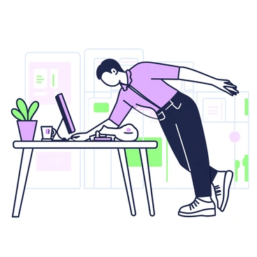 An office worker is taking a break beside their desk to perform a "thread-the-needle" stretch. The worker is wearing a light blue button-up shirt and black trousers. They are bending forward with one arm extended and reaching through the gap created by their opposite arm. A neatly organized desk with a computer, a notepad, and a coffee mug is visible in the background. A potted plant sits on the corner of the desk, adding some greenery to the workspace. The office has soft lighting, and other cubicles can be seen in the distance.