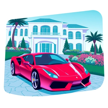 A sleek red Ferrari with a glossy finish is parked in the driveway of an opulent villa. The villa features grand architectural elements, with large windows and a tiled roof. Surrounding the villa, there are lush gardens filled with vibrant flowers and manicured hedges. Tropical palm trees and ornamental shrubs add to the luxurious ambiance. A cobblestone path leads from the driveway to the entrance of the villa, while a clear blue sky provides a bright backdrop.