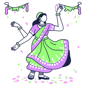 An Indian woman is dancing joyfully in a vibrant outdoor setting during a festival. She is wearing a traditional outfit with intricate patterns and embellishments. Her hair is adorned with colorful garlands that are draped elegantly. Her arms are raised, showcasing her movements as she twirls. Around her, there are decorations such as banners and streamers, adding to the festive atmosphere. The ground is covered with petals, enhancing the scene with more color.