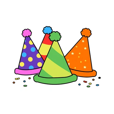 A colorful array of party hats arranged in a semi-circle, each hat displaying a unique pattern. One hat is adorned with bright polka dots in an assortment of colors like blue, yellow, and red. Another hat features bold stripes of green and purple. A third hat has a whimsical design of small stars against a bright orange background. The hats are topped with fluffy pom-poms in various colors, adding to the festive look. Small confetti pieces are scattered around the base of the hats, enhancing the celebratory theme for New Year's celebrations.