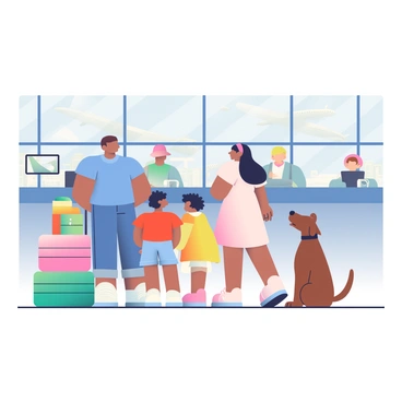 A family consisting of four members is at the airport, preparing for a flight. The father has short brown hair and is wearing a blue t-shirt and jeans. The mother has long black hair in a ponytail and is dressed in a light pink dress with white sneakers. They have two children, a boy with curly hair wearing a red shirt and shorts, and a girl with straight hair in a yellow dress. The family is standing near a check-in counter with colorful luggage stacked beside them. A medium-sized brown dog with a wagging tail is sitting by their feet, looking up at the family. The airport terminal is bustling with travelers in the background, and there are large windows showing airplanes on the tarmac.