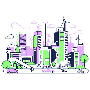 A futuristic cityscape showcasing advanced architecture. The skyline is filled with tall, sleek buildings featuring large windows and unique designs. Numerous solar panels are integrated into the rooftops of these structures, reflecting sunlight. In the background, several wind turbines stand tall on rooftops and in designated areas, their blades spinning gracefully in the breeze. Streets are lined with greenery, including trees and vertical gardens growing up the sides of buildings. Electric vehicles travel along the roads, while people walk and cycle on clearly marked paths, creating a vibrant urban scene.