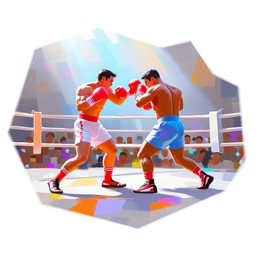 A male boxer with a muscular build, wearing blue trunks and red gloves, is delivering a powerful punch in the center of a boxing ring. His focus is intense as he rotates his torso, using the momentum to drive his fist forward. The opponent is partially visible, bracing for impact, with a look of determination on his face. The crowd around the ring is engaged, with spectators in the background watching the action unfold. Bright lights illuminate the scene, casting shadows on the canvas floor.