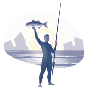 A proud spearfisher stands with a large fish held high in one hand, displaying the impressive catch. The figure is positioned against a backdrop of a sunset, characterized by distinct shapes and tones, where the sun is low on the horizon. The silhouette of the spearfisher is defined, with details such as a wetsuit and spear gun visible. The fish appears detailed, showcasing its features, while the horizon line is marked by gentle waves, adding depth to the scene.
