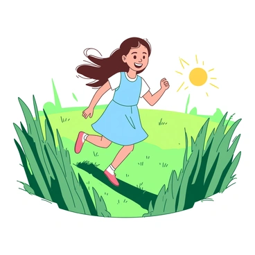 A girl with long hair is running through a field of tall green grass. The grass sways gently around her as she moves, and her hair flows freely in the wind. She is wearing a light blue dress that flutters as she runs. The sun casts a warm light over the scene, highlighting the vibrant greenery around her. The girl's expression shows joy and freedom as she embraces the open space.