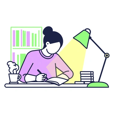A person is sitting at a wooden desk, focused on writing a letter. They have their head slightly bowed, and their hand is moving across a piece of paper with a pen. A warm lamp is positioned to the right, casting a gentle glow over the scene. The lamp has a green shade, and its light illuminates not only the letter but also a small stack of envelopes beside it. In the background, there is a bookshelf filled with neatly arranged books. A steaming cup sits on the left side of the desk, adding an element of comfort to the atmosphere.
