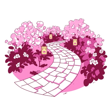 A winding garden path made of cobblestones leads through a lush garden, flanked by vibrant flowers in soft hues of pink and white. Along the sides of the path, there are several glowing lanterns with delicate designs, casting a warm light and illuminating the rich colors of the blooming flowers. The flowers vary in shape and size, creating a natural tapestry of beauty that enhances the serene atmosphere of the garden. The path curves gently, inviting visitors to explore further into the delightful landscape.