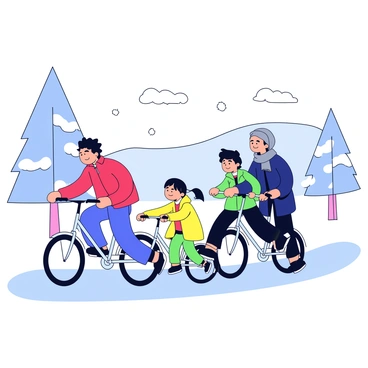 A family of four is riding electric bikes along a snowy path. The father is wearing a red jacket and a black helmet, while the mother is dressed in a navy blue coat with a gray scarf. Two children, one wearing a bright yellow jacket and the other in a green coat, are happily pedaling behind their parents. Snow-covered trees line the trail, and soft, white snowflakes are gently falling from the sky. In the background, a distant hill is blanketed in snow, creating a peaceful winter scene.