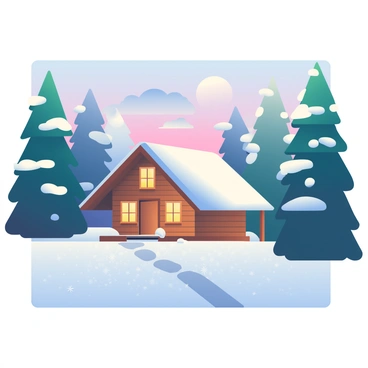 A solitary wooden cabin with a slanted roof is nestled among tall, snow-covered pine trees in the middle of a forest. The cabin's windows emit a warm, golden light, creating a cozy contrast against the cold, white snow. Thick layers of snow blanket the ground and the branches of the trees. The sky above is painted in soft shades of blue and purple as dusk settles in, with a few scattered clouds highlighted by the fading light. In the foreground, there are footprints leading towards the cabin, tracing a path through the sparkling snow.