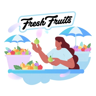 A person is sampling fresh fruits at a vibrant farmers' market. The individual is holding a piece of fruit in one hand and reaching for another with the other hand. Stalls filled with colorful fruits such as apples, oranges, and bananas are in the background. Baskets overflowing with various fruits add to the lively atmosphere. Bright umbrellas and banners enhance the market's vibrancy. A large sign reading "Fresh Fruits" is prominently displayed above the stalls.