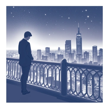 A shadowy figure standing at the edge of a balcony, overlooking a sparkling city skyline at night.