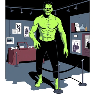 A life-sized replica of Frankenstein's monster stands in the center of a museum exhibit. The monster is depicted with green skin and dark, wild hair, showcasing stitches and scars across its muscular body. It has a menacing expression, with deep-set eyes and a wide mouth. The exhibit includes dim lighting that casts shadows on the monster, enhancing its daunting presence. Surrounding the figure are various artifacts related to the story, such as old books, laboratory equipment, and sketches of the creature. A black velvet rope separates the monster from the audience, allowing visitors to view it closely.