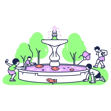 A group of goldfish is swimming in a fountain located in a city park. The fountain features a circular basin with flowing water and a central spout. Around the fountain, several children are playing on the grass. One child is crouched near the edge of the fountain, observing the goldfish closely. Another child is throwing a small ball, while a third child is running with a kite. Trees are visible in the background, providing some shade to the scene. The atmosphere is lively and playful, highlighting the interaction between nature and children.