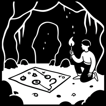 An adventurer dressed in rugged clothing kneels on the rocky ground of a dark cave, holding a flickering torch that casts shadows on the rough stone walls. The cave is filled with stalactites hanging from the ceiling and roots entwined in the jagged rocks. An ancient, weathered map lies spread on the ground beside the adventurer, marked with mysterious symbols. Scattered around are small, glimmering objects that may hint at the hidden Horcrux. Deep crevices and dark corners of the cave suggest undiscovered secrets waiting to be uncovered.