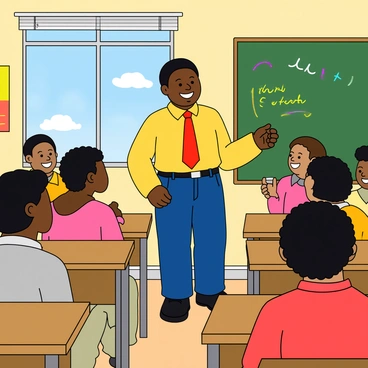 A cartoon character resembling Vadivelu stands at the front of a cheerful classroom filled with eager students. The character has a wide smile, wearing a bright yellow shirt and blue trousers, with a red tie that adds a pop of color. The classroom is decorated with colorful posters and drawings on the walls. 

The students are diverse, with different hairstyles and clothing styles, all sitting at wooden desks, their eyes focused on the teacher. Some students have their hands raised, excited to answer questions. A chalkboard behind the teacher has colorful drawings and notes written in chalk. A large window shows a sunny day outside, with a few fluffy clouds in the blue sky.