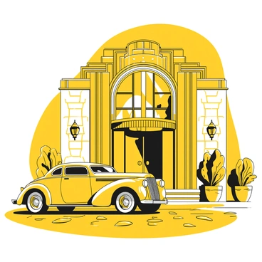 A vintage car parked on the cobblestone street, showcasing its classic design with rounded edges and chrome accents. The car is a deep shade of yellow, gleaming under an overhead streetlight. In the background, a grand art deco building looms, featuring intricate geometric patterns and bold lines. The facade of the building is embellished with ornate details, including stylized motifs and decorative elements at the windows. A few potted plants with lush greenery are placed on either side of the entrance, enhancing the elegance of the scene. The sky is clear, allowing the architecture to stand out prominently against the backdrop.