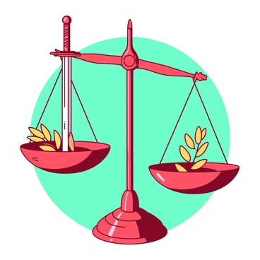 A red set of scales is perfectly balanced, positioned at the center of the image. On one side of the scales, there is a silver sword symbolizing justice, and on the other side, there is a golden olive branch representing fairness. The scales are set against a solid teal backdrop, emphasizing their significance. The scales' arms extend outward, showcasing the balance of the two powerful symbols, while the intricate details of the scale's structure add depth to the illustration.