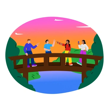 A group of four friends stands closely together on a sturdy wooden bridge. They are silhouetted against a vibrant sunset sky filled with shades of orange, pink, and purple. One friend is leaning on the bridge railing, while another points towards the horizon excitedly. The third friend is capturing the moment on a smartphone, and the fourth is laughing, enjoying the view. Below the bridge, a calm river reflects the colors of the sunset. Lush green trees can be seen in the background, framing the scene.