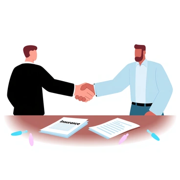 Two individuals are standing on opposite sides of a desk, engaged in a handshake. One person is wearing a dark suit and has their left hand extended towards the other. The second person is dressed in a light-colored business attire, also reaching out to shake hands. Between them, there is a neat stack of insurance documents, with a few scattered pens nearby. The desk is wooden, and the setting suggests a professional environment.