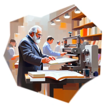 A man with a thick beard and round glasses, resembling "Karl Marx," stands at a print shop, overseeing the creation of his latest publication. He is dressed in a dark coat and white shirt, exuding an air of authority as he carefully inspects the printed pages being fed from an old printing press. The shop is filled with wooden shelves stacked high with books and papers, while ink pots and typesetting tools are scattered across the workbench. Several workers are present, focused on their tasks, with one pulling a freshly printed sheet from the press while another adjusts the type. The atmosphere is industrious, with the sound of the press clattering and the smell of ink filling the air.