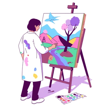 An artist stands at an easel, intently painting a large canvas. The artist has short black hair and is wearing a white smock splattered with various colors of paint. The canvas depicts a surreal landscape featuring rolling hills in vibrant shades and whimsical trees with oversized, colorful leaves. As the artist paints, elements from the artwork appear to leap off the canvas, such as a blue bird fluttering its wings and a purple river flowing towards the viewer. The ground around the easel is adorned with colorful paint tubes and brushes, adding to the creativity of the scene.
