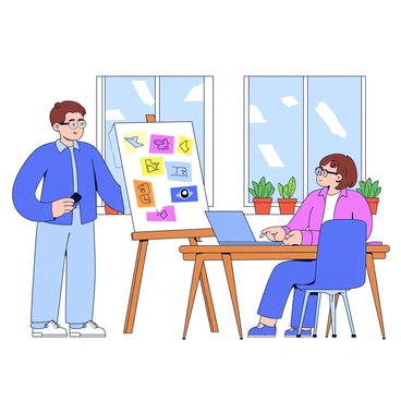 An illustrator is standing in a modern office, showcasing their artwork to a client. The illustrator has short brown hair and is wearing a casual blue shirt. A large, white canvas is propped against a sleek wooden desk, displaying colorful illustrations. The client, seated at the desk, is a middle-aged woman with glasses, attentively looking at the artwork. The office has large windows allowing natural light to flood in, and there are potted plants on the windowsill. A laptop and some design tools are scattered on the desk.