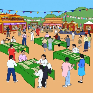A lively cultural festival taking place in an open area filled with colorful decorations and banners. In the center, there are several tables set up for mahjong demonstrations, each covered with green felt. Groups of people, both smiling and excited, gather around the tables to watch and participate in games. Some players are focused on their tiles, while others cheer and engage in conversation. The atmosphere is filled with energy, and traditional music can be seen emanating from a nearby stage where performers are dressed in vibrant costumes. Stalls offering traditional snacks and drinks line the edges of the festival, adding to the lively ambiance. The sky above is bright blue, creating a cheerful backdrop for the festivities.
