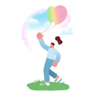 A person wearing a casual outfit is standing on a grassy field, holding onto a colorful balloon. The balloon is bright and vibrant, featuring a mix of colors like red, blue, yellow, and green. The person is releasing the balloon into the sky, allowing it to float upwards. In the background, a clear blue sky is visible, creating a sense of openness. A warm glow surrounds the scene, enhancing the feeling of liberation and hope.