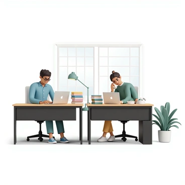 A modern office space with two desks placed side by side. On the left, a person is sitting at a sleek, black desk, wearing a blue button-up shirt and glasses, focused on typing on a silver laptop. On the right, another person is seated at a wooden desk, wearing a green sweater, surrounded by stacks of colorful paper files. They are holding a vintage rotary phone up to their ear, engaged in a conversation. The office has a bright overhead light and large windows, allowing natural light to illuminate the room. A potted plant sits in the corner, adding a touch of greenery to the setting.
