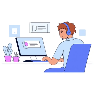 A helpdesk technician is sitting at a modern desk with a computer in front of them. The technician is wearing a headset and is focused on the screen, where a chat window is open displaying a conversation. The technician has short brown hair and is dressed in a light blue shirt. On the desk, there is a coffee mug, a notepad, and a few pens. The background shows a light-colored office environment with simple decorations, such as a small potted plant. The technician's expression is attentive as they assist the user.