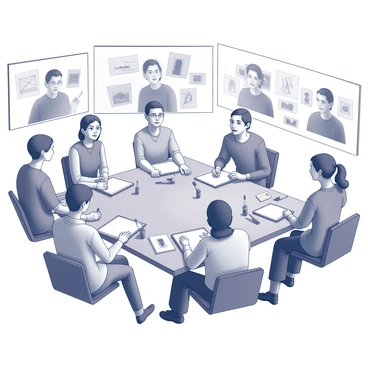 A virtual meeting space is depicted with several artists engaged in discussion. There are multiple screens showing each artist, with visible expressions of concentration and enthusiasm. Some artists are sharing sketches, while others are making notes on digital tablets. The environment is filled with various art supplies, like brushes and sketch pads, scattered around their workstations. "Ideas" and "sketches" are prominently displayed on the screens, showcasing a variety of art styles and concepts. The overall composition conveys a sense of collaboration and creativity as they exchange thoughts and techniques.