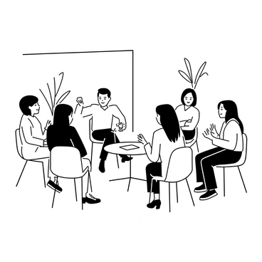 A group of participants sitting in a circle on chairs, engaged in a collaborative workshop. Each person is varying in age and ethnicity, with some wearing casual attire and others in business-casual outfits. Their expressions are focused and expressive as they share their experiences. A few participants are leaning forward, actively listening, while others are gesturing with their hands as they speak. In the center of the circle, there is a small table with notebooks and cups of water. The surroundings include a simple backdrop with a whiteboard and a few decorative plants in the corners.