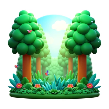 A lush rainforest scene featuring tall, dense trees with broad green leaves. Sunlight filters through the canopy, creating dappled light on the forest floor. "Gas exchange" is depicted as visual elements, such as small bubbles or wisps of vapor rising from the trees towards the sky. Various species of vibrant tropical plants and ferns surround the base of the trees, adding layers of texture. Birds and butterflies can be seen flying among the branches, enhancing the lively atmosphere of the scene.