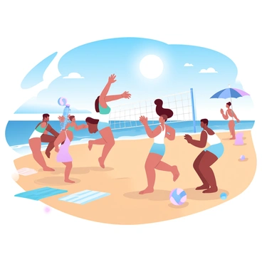A group of students is engaged in a game of volleyball on a sandy beach. The sun shines brightly in the clear blue sky, casting shadows on the warm, golden sand. Some students are leaping to hit the volleyball, while others are preparing to receive it. They are dressed in colorful beachwear and are surrounded by beach towels and a cooler filled with refreshments. In the background, gentle waves roll in, and a few beach umbrellas are scattered nearby. A vibrant beach ball rests on the sand, adding to the lively scene.