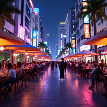A vibrant city nightlife scene filled with brightly colored neon lights illuminating the surroundings. The streets are bustling with people of various ethnicities enjoying themselves at outdoor cafes. Tables are set with colorful umbrellas providing shade, and patrons are engaged in lively conversations over drinks and meals. In the background, tall buildings with glowing signage create a dynamic urban atmosphere. Street performers entertain onlookers, adding to the lively energy of the night. The overall ambiance is lively and filled with excitement.