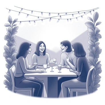 A group of friends gathered in a lush garden, surrounded by greenery. They are seated at a long table adorned with drinks in various glasses. Delicate fairy lights are strung above, casting a soft glow over the scene. Laughter fills the air as they engage in conversation, sharing stories and enjoying each other's company. The sun is setting in the background, creating a warm ambiance that enhances the joyful atmosphere of the gathering.